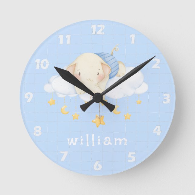 Cute Boho Watercolor Elephant Clouds Blue Nursery Round Clock (Front)