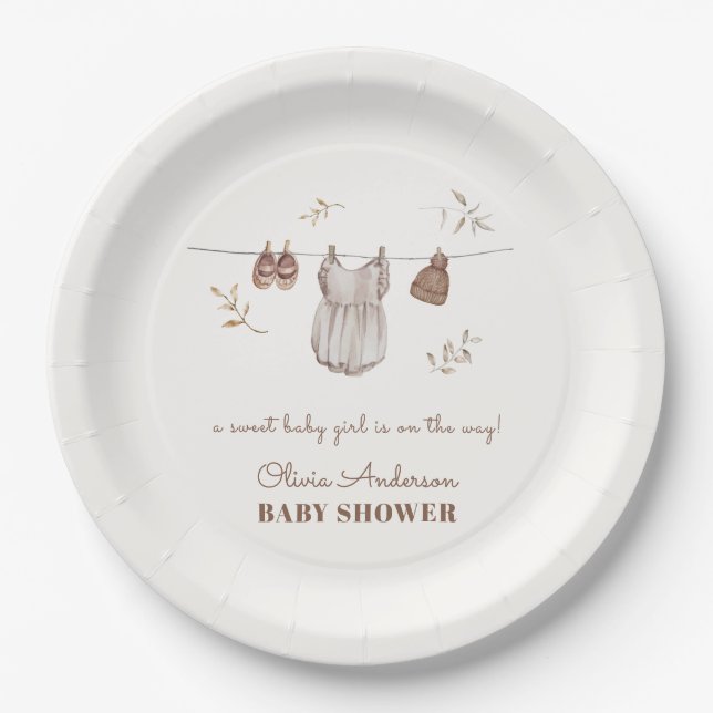 Cute Boho Watercolor Girl Outfit Baby Shower Paper Plate (Front)