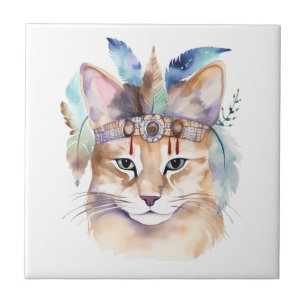 Cute boho watercolor hippie cat design tile