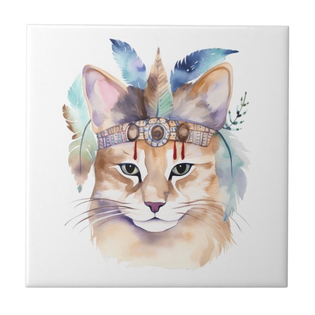 Cute boho watercolor hippie cat design tile (Front)