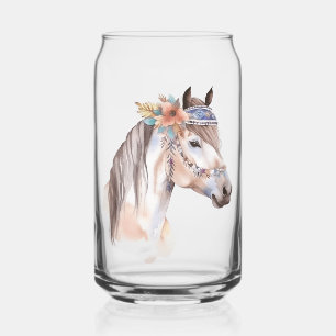 Cute boho watercolor hippie horse design can glass