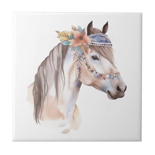 Cute boho watercolor hippie horse design tile (Front)