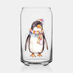 Cute boho watercolor hippie penguin design can glass