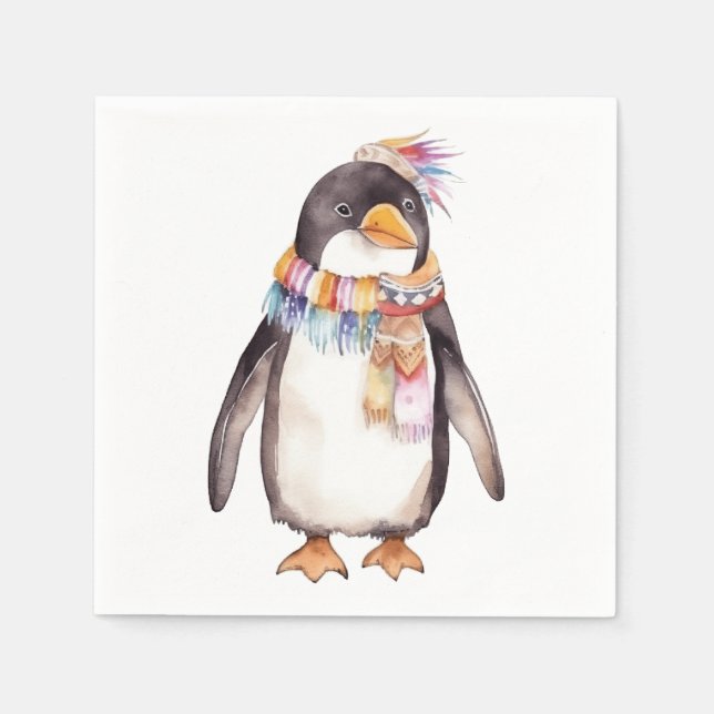 Cute boho watercolor hippie penguin design napkin (Front)