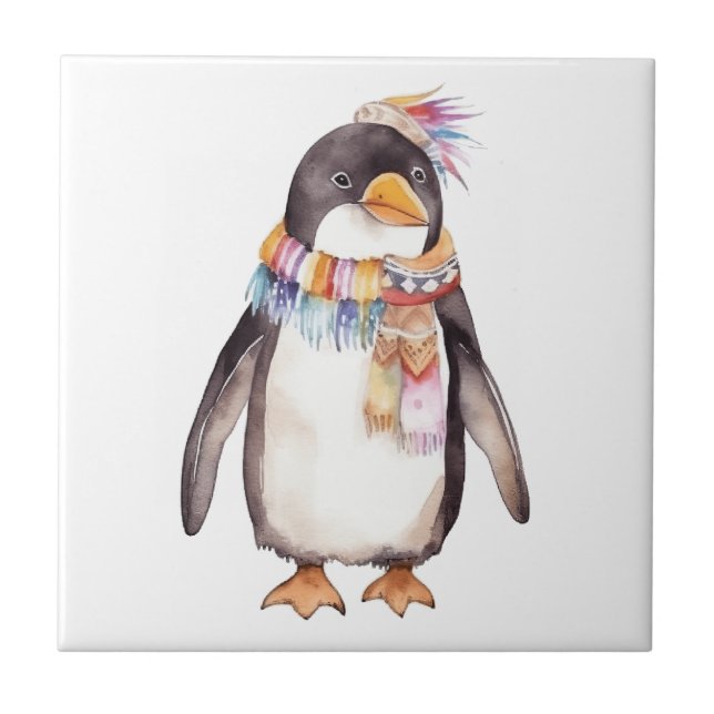 Cute boho watercolor hippie penguin design tile (Front)