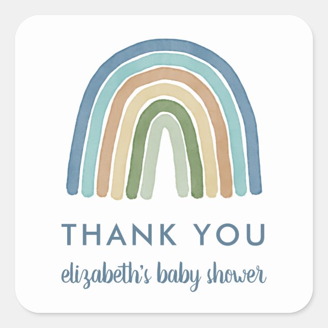 Cute Boho Watercolor Rainbow Baby Shower | Blue Square Sticker (Front)