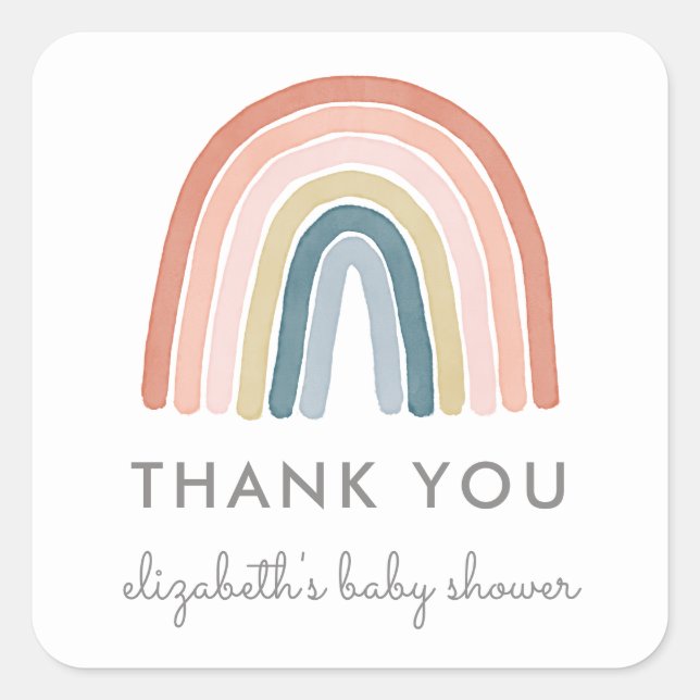 Cute Boho Watercolor Rainbow Baby Shower Square Sticker (Front)