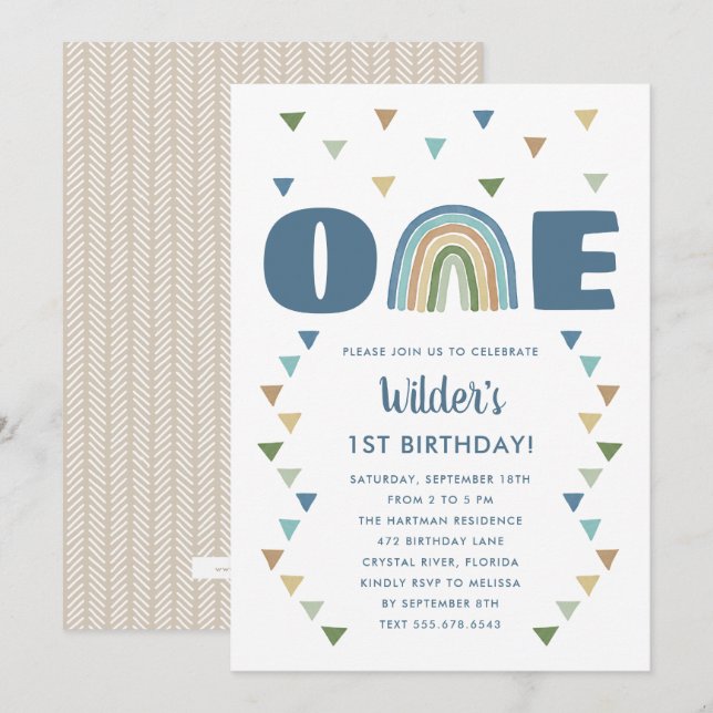 Cute Boho Watercolor Rainbow Birthday Blue First Invitation (Front/Back)