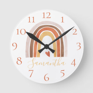 Cute Boho Watercolor Rainbow Heart Custom Name Round Clock