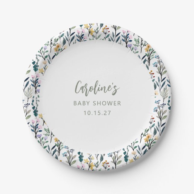 Cute Boho Watercolor Wildflower Baby Shower Custom Paper Plate (Front)