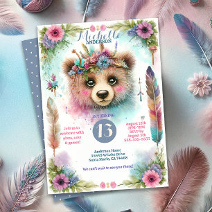 Cute Boho Watercolor Woodland Bea Birthday Party Invitation