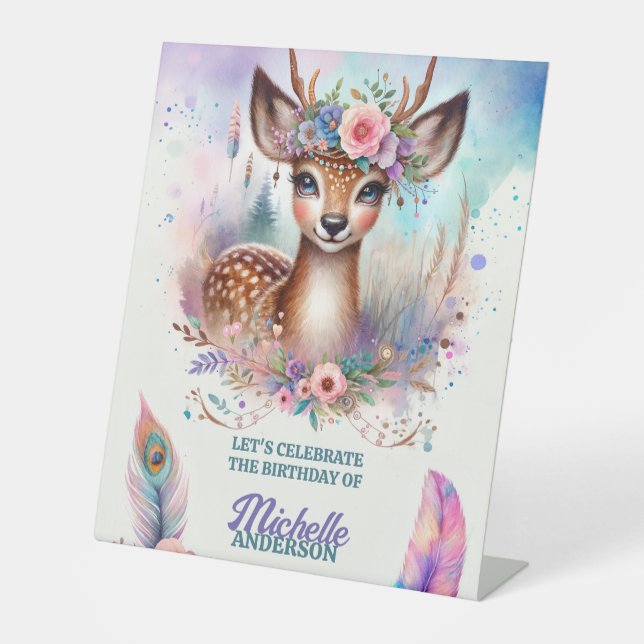Cute Boho Watercolor Woodland Deer Birthday Party Pedestal Sign (Front)