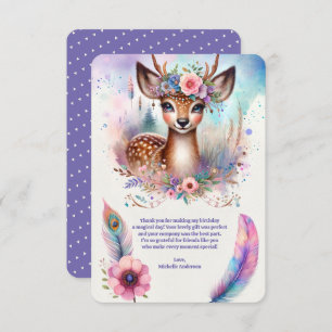 Cute Boho Watercolor Woodland Deer Birthday Party Thank You Card