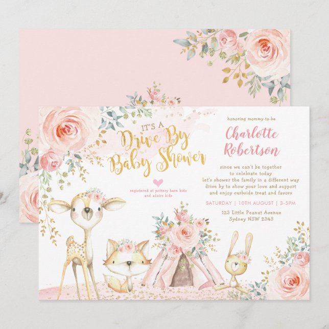 Cute Boho Woodland Drive By Girl Baby Shower Invitation (Front/Back)