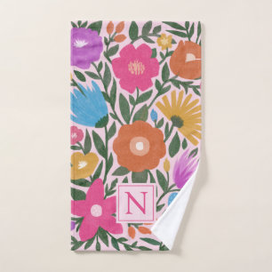 Cute Bold Colorful Flowers Girls Monogram  Hand Towel