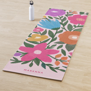 Cute Bold Colourful Florals Name   Pink Yoga Mat
