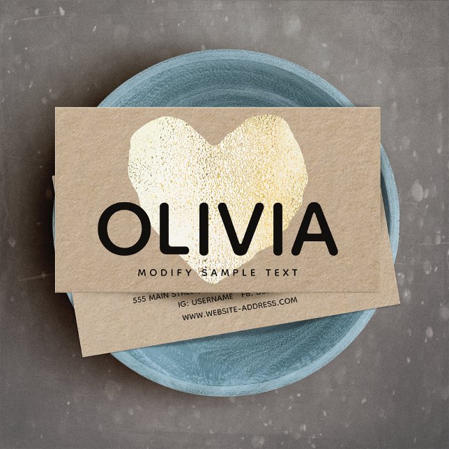 Cute Bold Modern Gold Heart Kraft Business Card (Creator Uploaded)