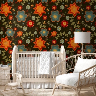 Cute Bold Orange Blue Floral Whimsical Pattern Wallpaper