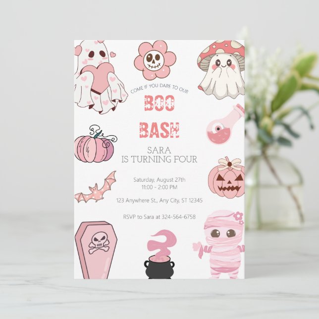 Cute Boo Bash Part Pink Birthday Invitation (Standing Front)