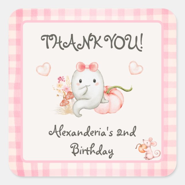 Cute Boo Ghost Pink Birthday Party Girl Square Sticker (Front)