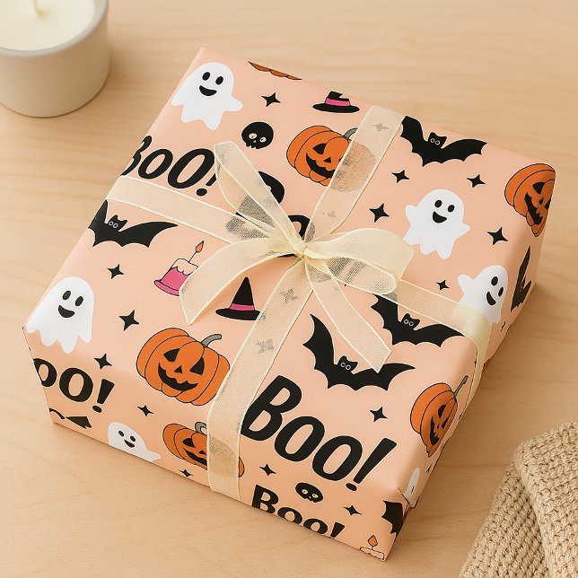 Cute "Boo!" Halloween Ghosts & Pumpkins Pattern Wrapping Paper (Creator Uploaded)