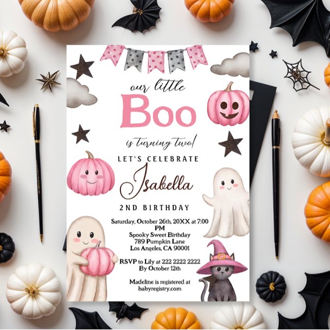 cute boo party pink ghost – Halloween 2nd birthday Invitation (Creator Uploaded)