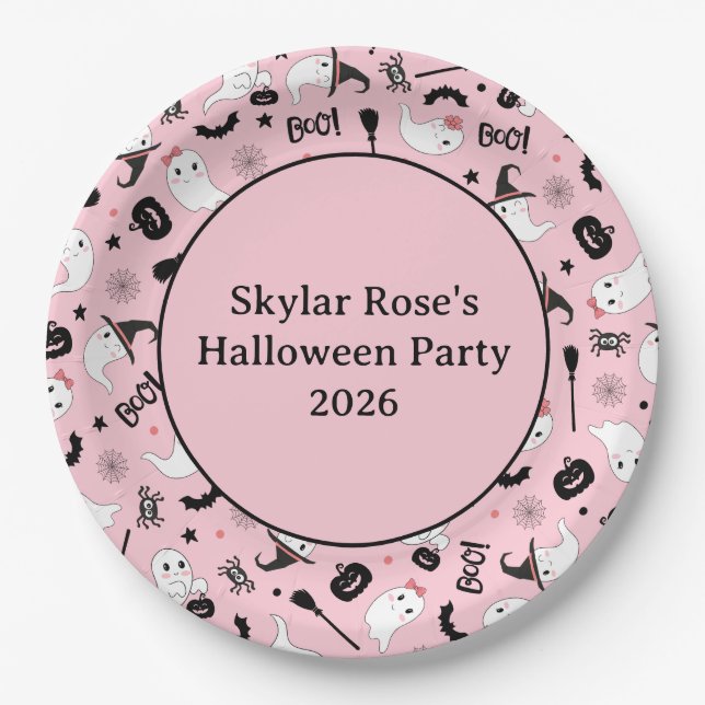 Cute Boo Spooky Ghost Halloween Pink Girl Paper Plate (Front)