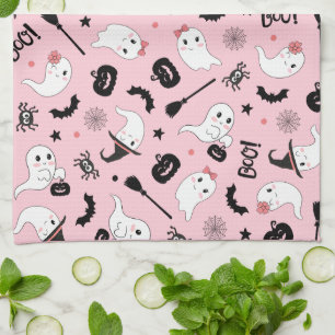 Cute Boo Spooky Ghost Halloween Pink Girl Tea Towel
