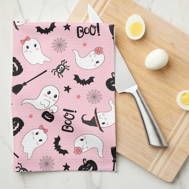 Cute Boo Spooky Ghost Halloween Pink Girl Tea Towel (Quarter Fold)