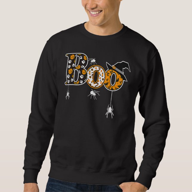 Cute Boo With Spiders And Witch Hat Halloween Sweatshirt (Front)