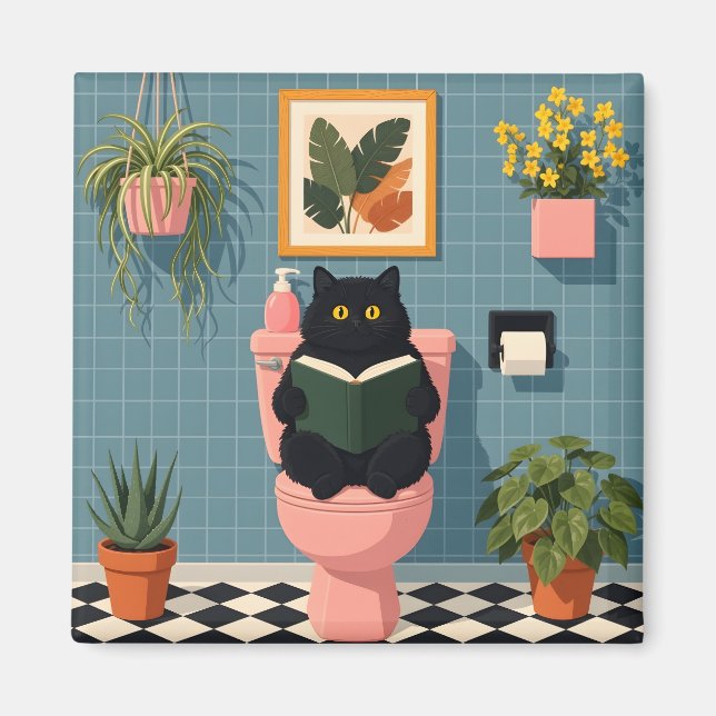 Cute Book Lover Cat Bathroom Art Magnet (Front)
