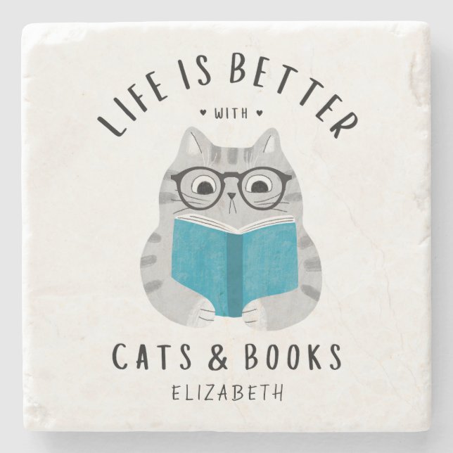 Cute Book Lover Cat Reading Book Custom Stone Coaster (Front)