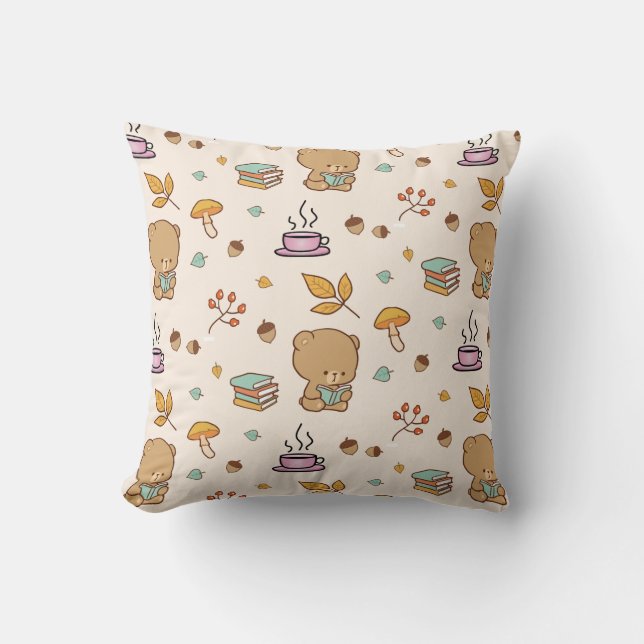Cute Book Lovers Bear Pattern Cushion (Front)