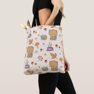 Cute Book Lovers Woodland Bear Pattern Tote Bag