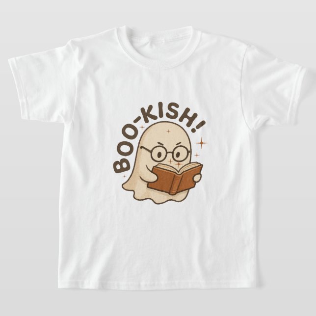 Cute Book Reading Ghost Funny Bookworm Halloween T-Shirt (Laydown)