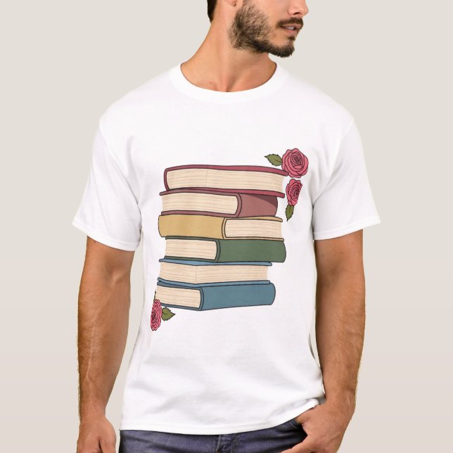Cute Book Stack with Roses T-Shirt (Front)