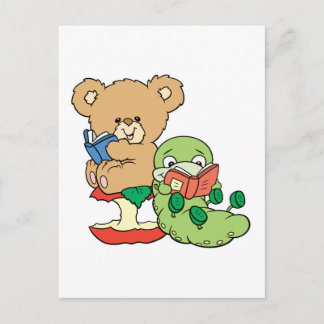 Cute Book Worm and Reading Bear Postcard