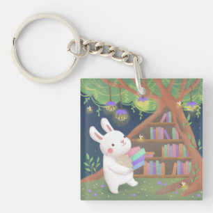 Cute Bookaholic Bunny Illustration Key Ring