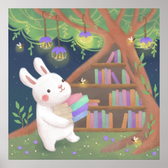 Cute Bookaholic Bunny Illustration Poster (Front)