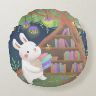 Cute Bookaholic Bunny Illustration Round Cushion