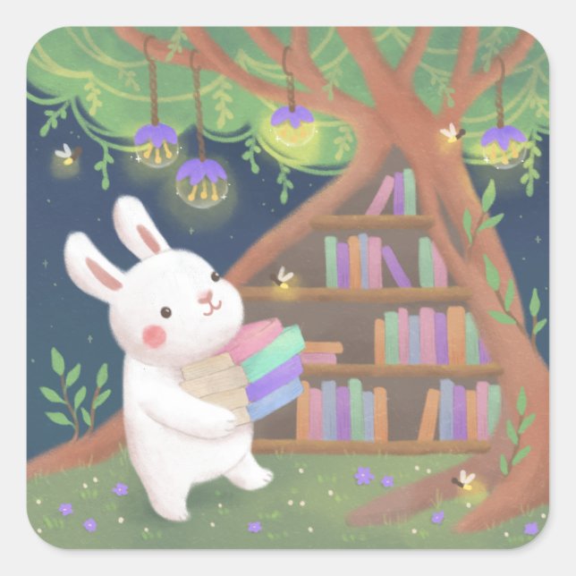 Cute Bookaholic Bunny Illustration Square Sticker (Front)