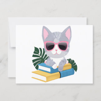 Cute Bookish Cat with Pink Glasses – Kawaii Smart Postcard