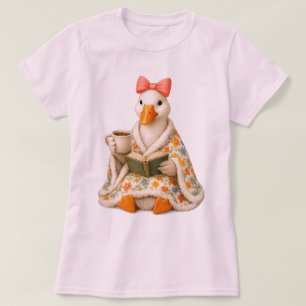 Cute Bookish Goose Drinking Coffee with Bow Fall T-Shirt