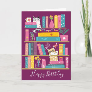 Cute Books & Cats Birthday Card –Cat Lover 