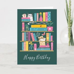 Cute Books & Cats Birthday Card –Cat Lover 