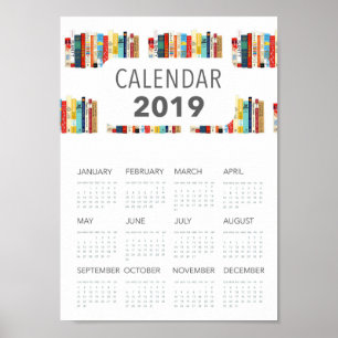 cute books illustration literary 2019 calendar poster