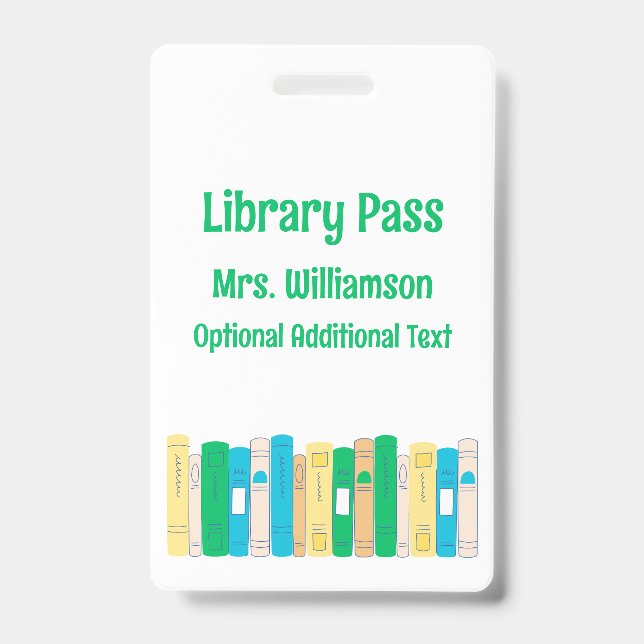 Cute Books School Library Hall Pass ID Badge (Front)