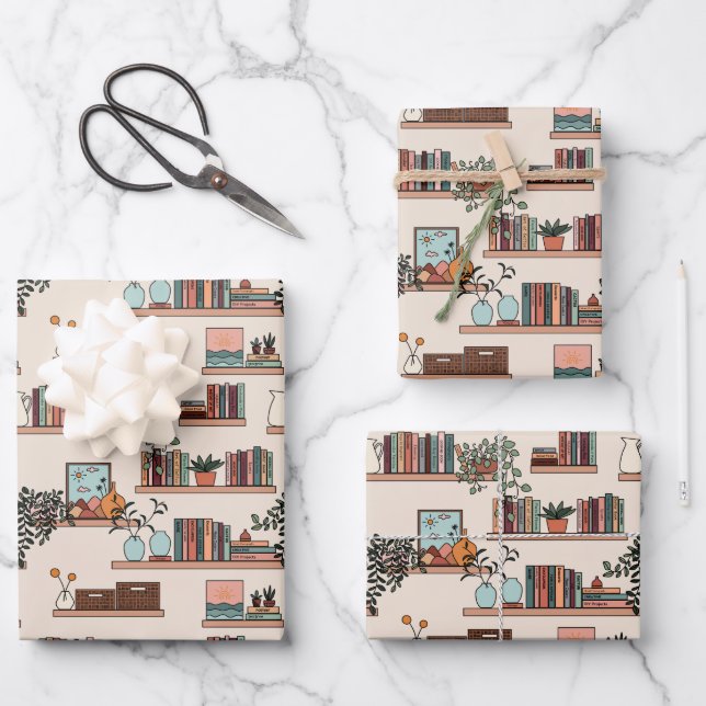 Cute Bookshelf Pattern Wrapping Paper Sheet (Front)
