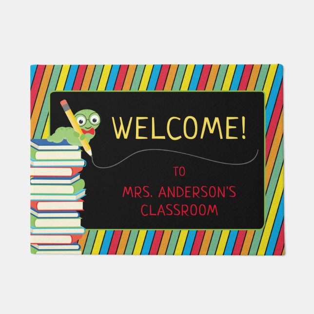 Cute Bookworm | Colourful Stripes Teacher Doormat (Front)