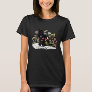 Cute Bookworm Flower Plant Book Reading Cat Kitty T-Shirt